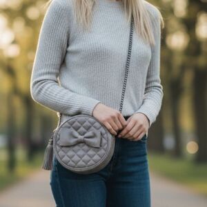 NWT Nila Anthony Grey Circle Bow Crossbody Satchel Tassel Bag